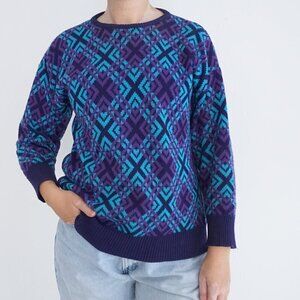 Vintage Primark Purple Blue Knit Geometric Eclectic Crewneck Sweater L